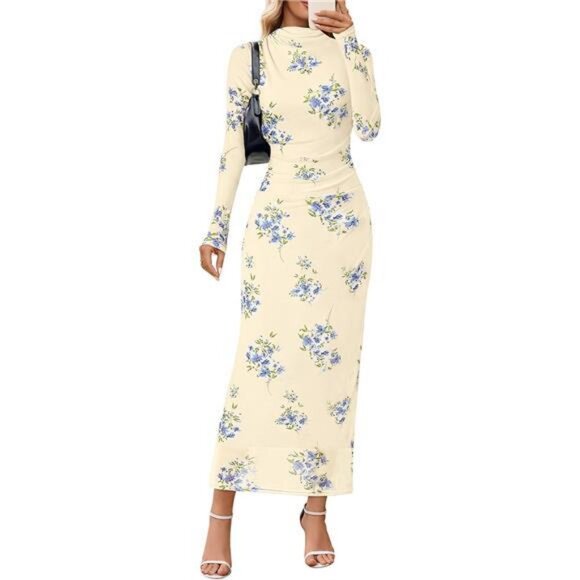 Women's Long Sleeve Floral Mesh Ruched Maxi Dress Beige - Picture 1 of 4